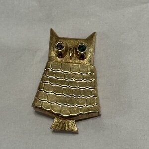Vintage Brooch Perfume Compact Owl Green Rhinestone Signed AVON